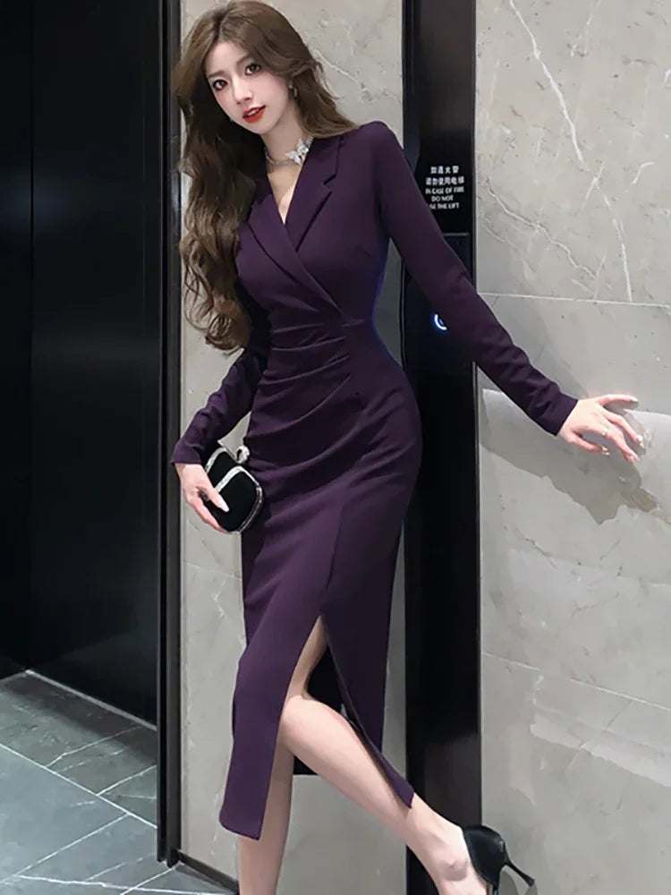 Purpled Elegant Pleated Bodycon Suit Dress for Women 2024 Korean Fashion Formal Dress Autumn Winter Chic Bespoke Occasion Dress