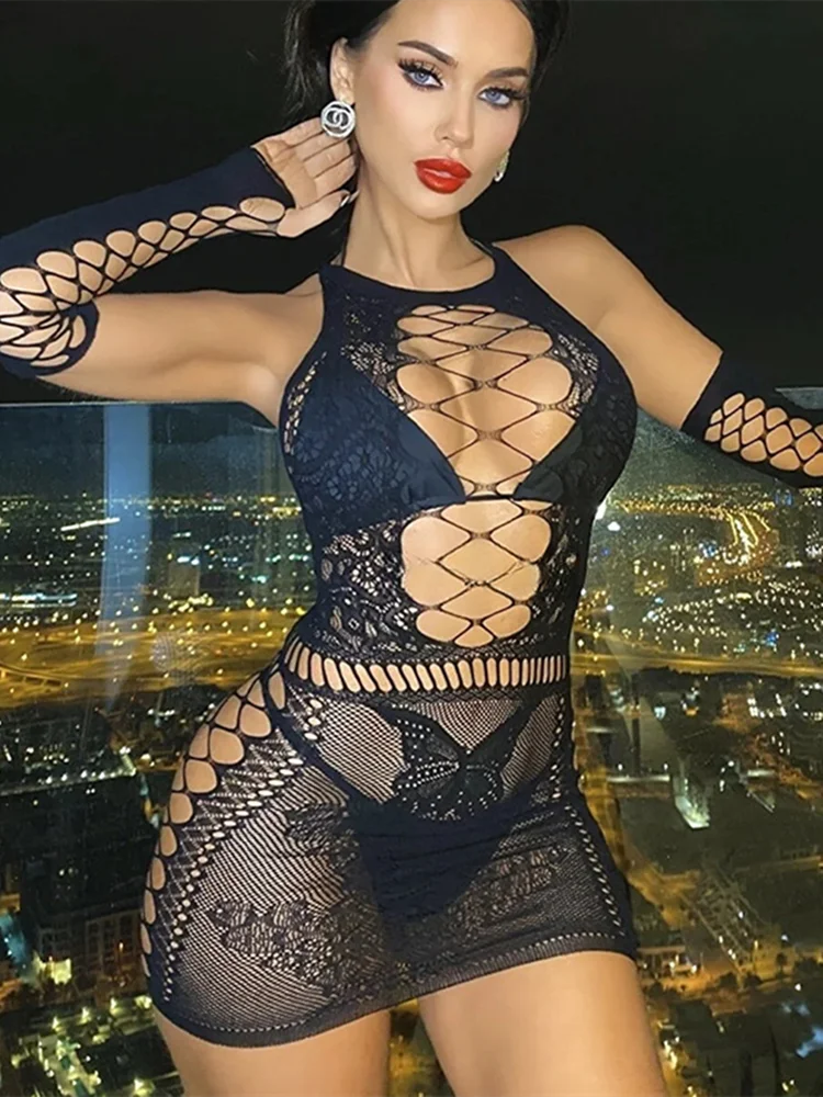 New Sexy Fashion Women's Mini Dress See Through Hollow Out O Neck Half Sleeve Wrapped Dress Elegant Dress Sexy Night Clubwear