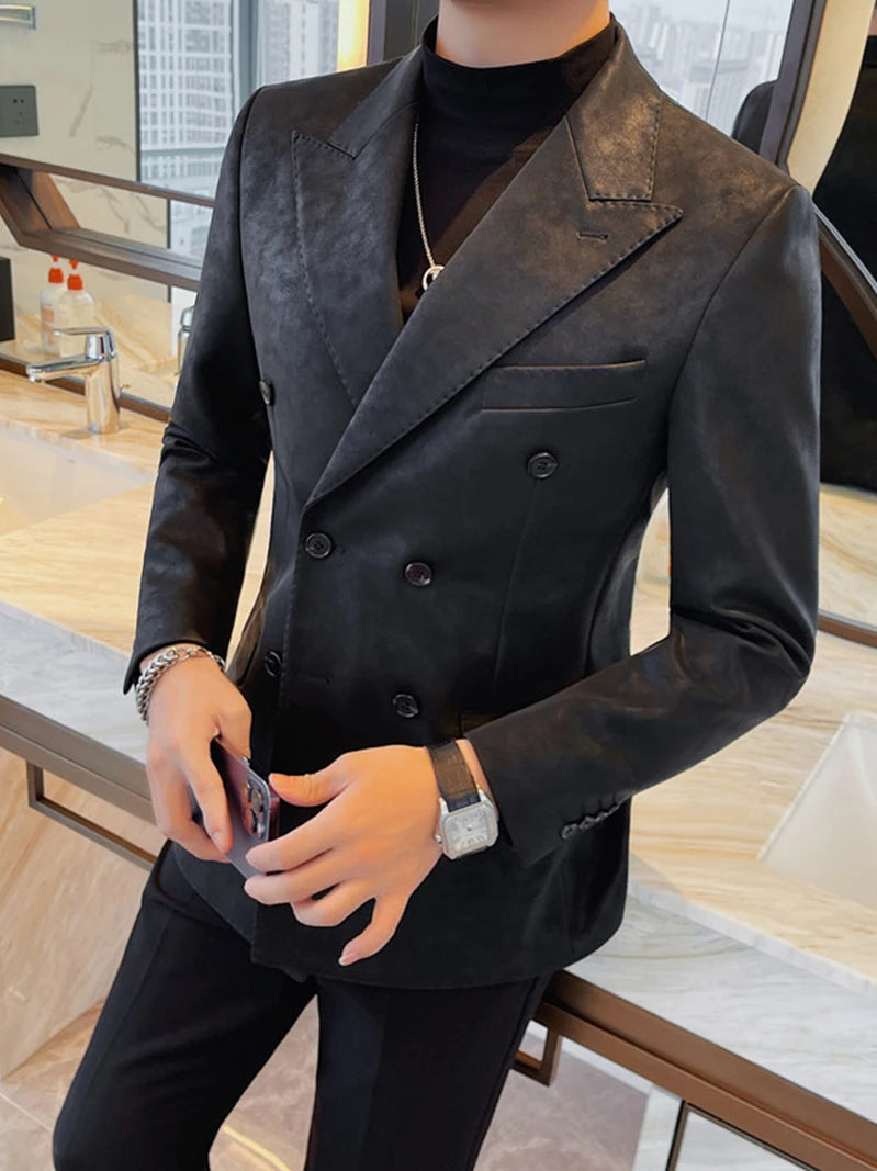 CY206  Leather Men Korean Business Casual British Double-breasted Suit Jacket Free Ironing Slim Body Fat Handsome Velvet Blazer