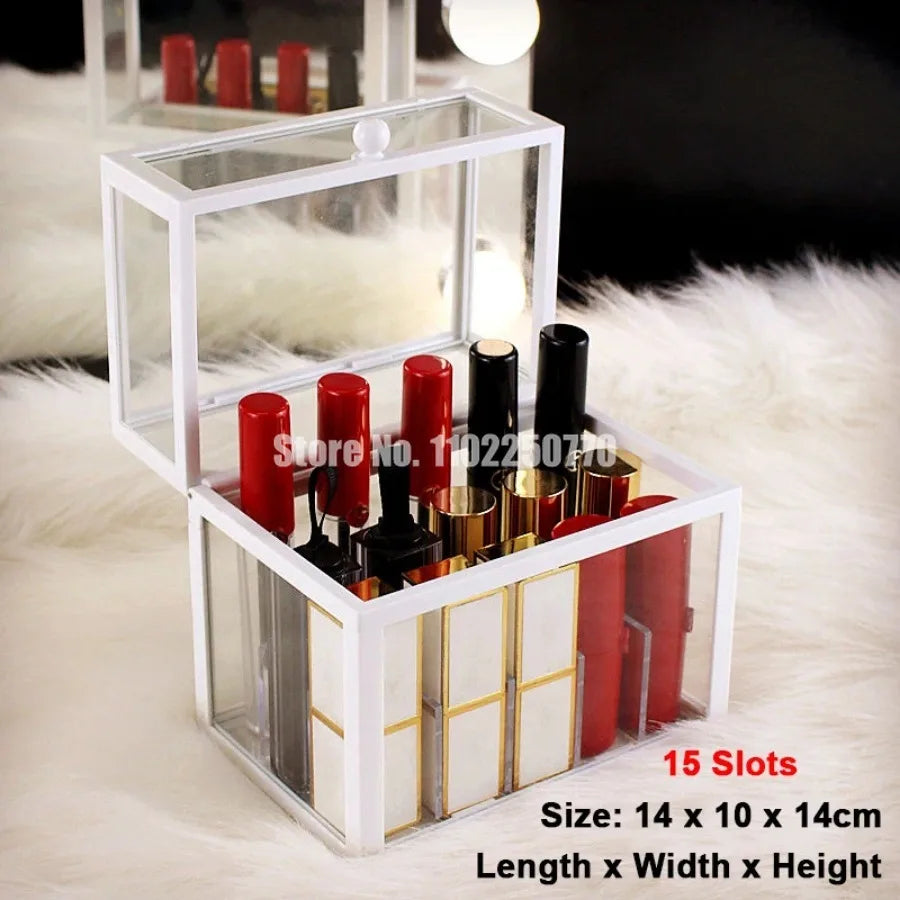 15/24/40 Slots Glass Lipstick Holder Dustproof Display Case Beauty Storage Box Luxury Makeup Organizer with Removable Dividers