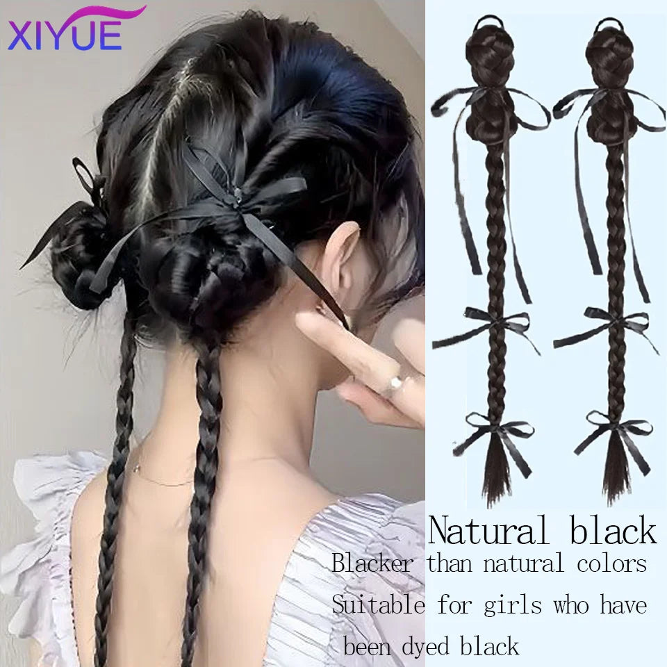 XIYUE  Synthetic Braided Twist Braids ponytail Hair Extension Black Natural Wig Long Ponytail Hair Band Rubber Band Women's Wig