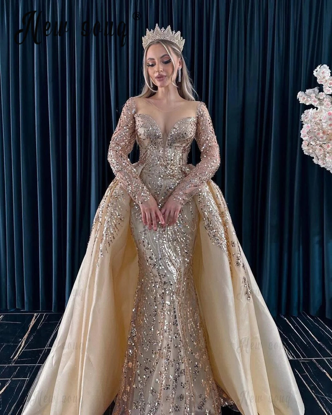 Arabic 2024 Formal Champagne Long Sleeve Evening Dress With Detachable Overskirt Sparkle Wedding Dress Prom Dress Robe De Soirée