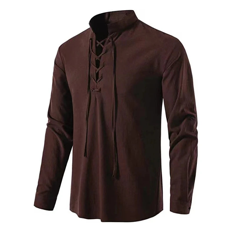 2022 New Men's V-neck shirt T-shirt Fashion Vintage Thin Long Sleeve Top men Casual Breathable  Front Lace Up man Shirts