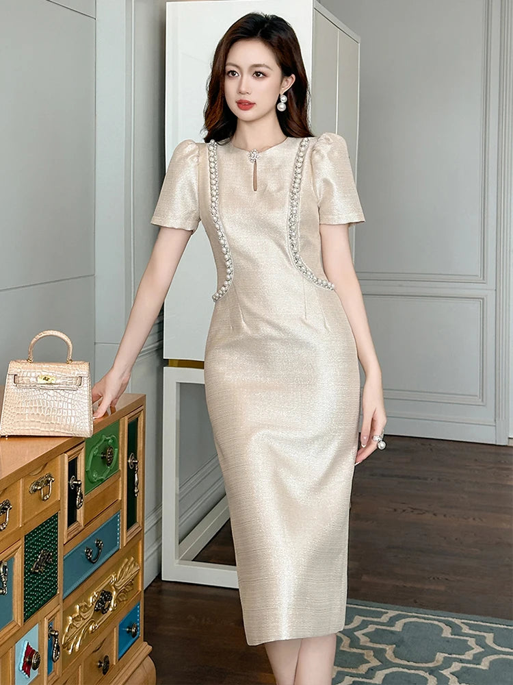 Summer Fashion Commute Formal Occasion Evening Dress Women Clothes Elegant Lady Retro Pearl Puff Sleeve Slim Midi Pencil Vestido