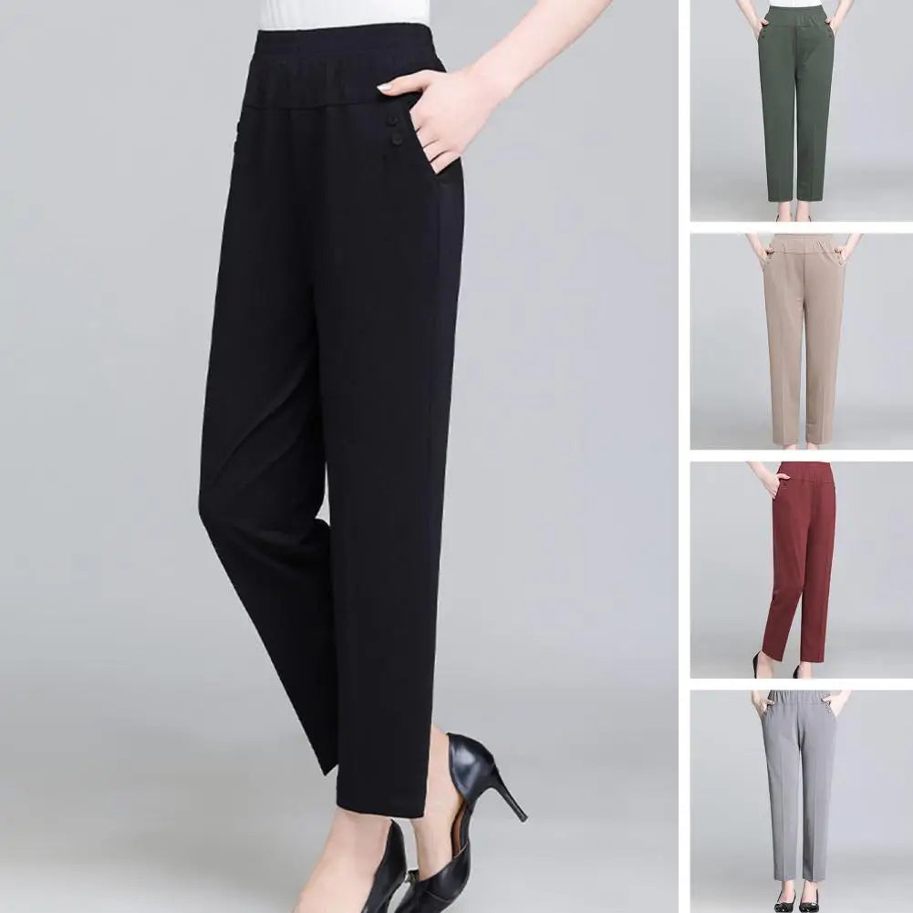 Middle Aged Women's Pants 2023 New Summer Thin High Waiste Elastic Loose Straight Pants Female Casual Trousers