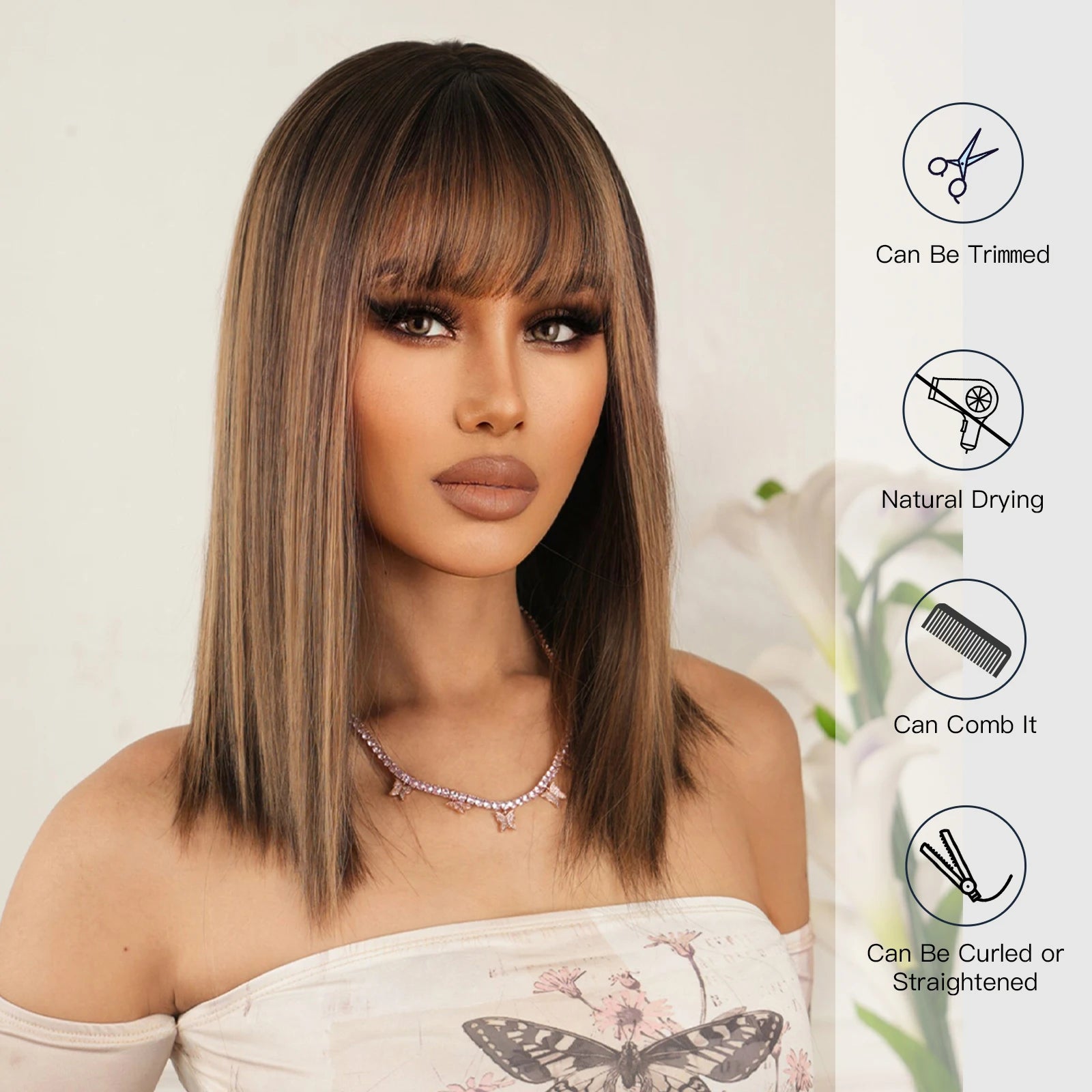 EASIHAIR Fashion Brown Blonde Highlight Synthetic Wigs Straight Hair with Bangs for Women Cosplay Daily Heat Resistant  Bob wig