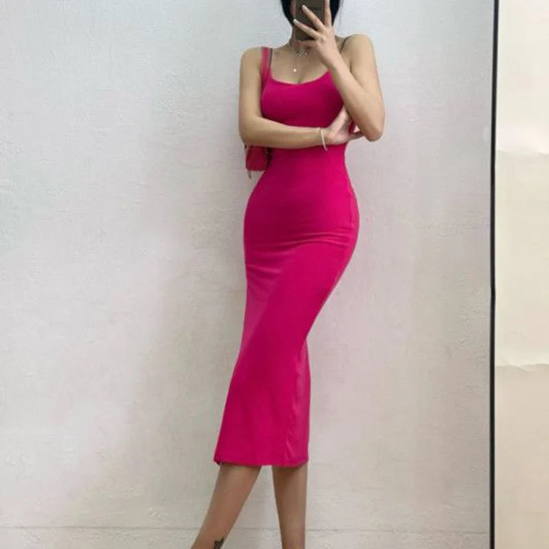 Rimocy 2024 New Sexy Sleeveless Slim Long Dress Women Party Club High Split Spaghetti Strap Dresses Woman Bodycon Dress Female