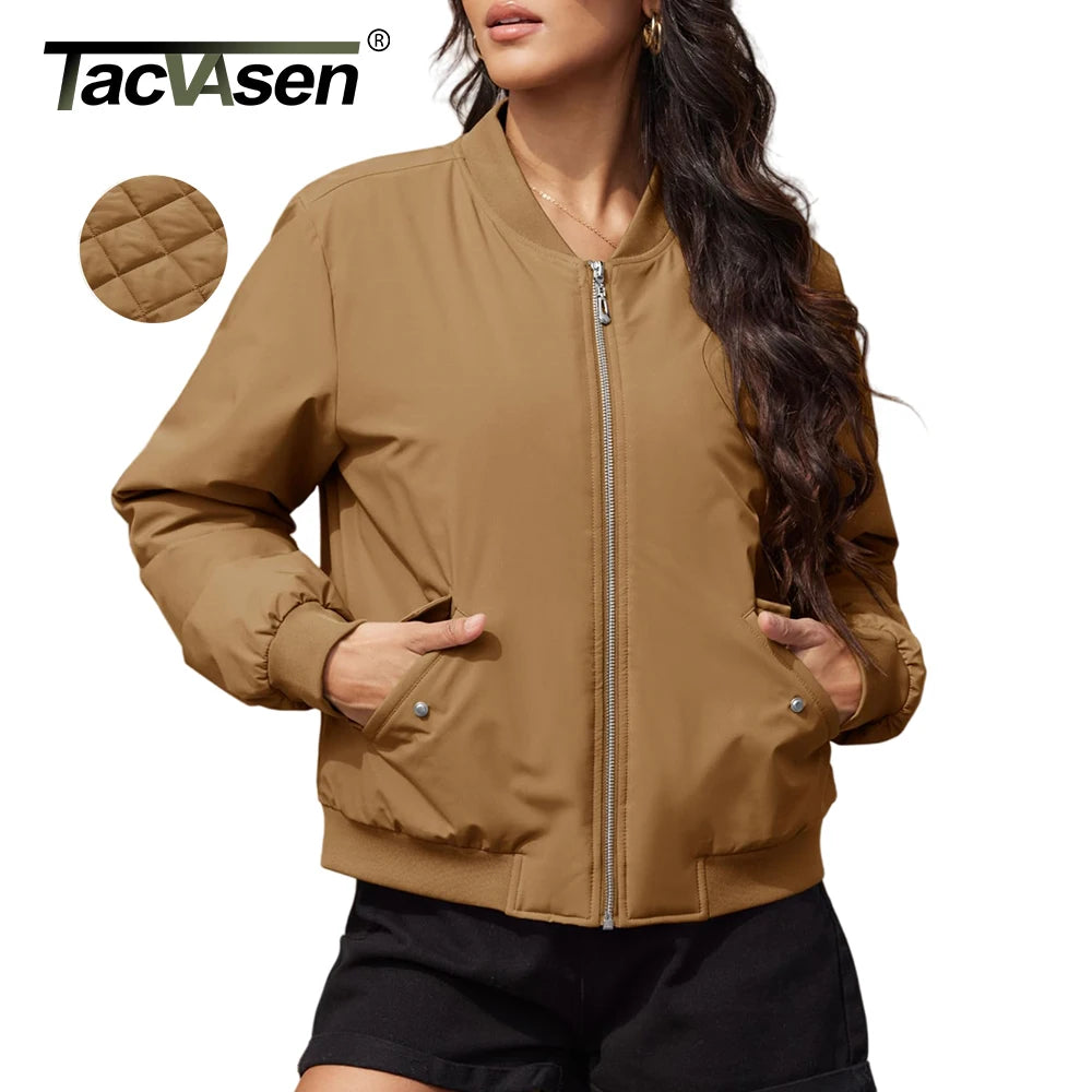 TACVASEN Womens Quilted Bomber Jackets Padded Classic Retro Pilot Jackets Winter Warm Coat Full Zip Up Pockets Casual Outwear