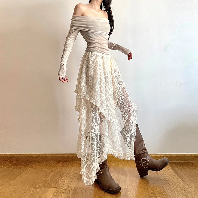 Bohemian Skirts Women Lace All-match Korean Style Hotsweet Streetwear Summer Casual Trendy Aesthetic College Asymmetrical Daily