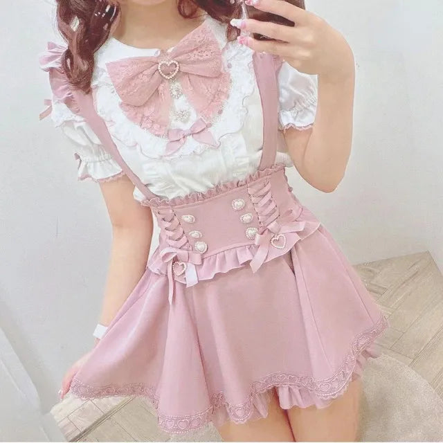 Japanese Gothic Lolita Ribbon Short Suspender plaid Skirt Girls Sweet Cute Lace A-Line Mini Skirts summer2024 black solid kawaii