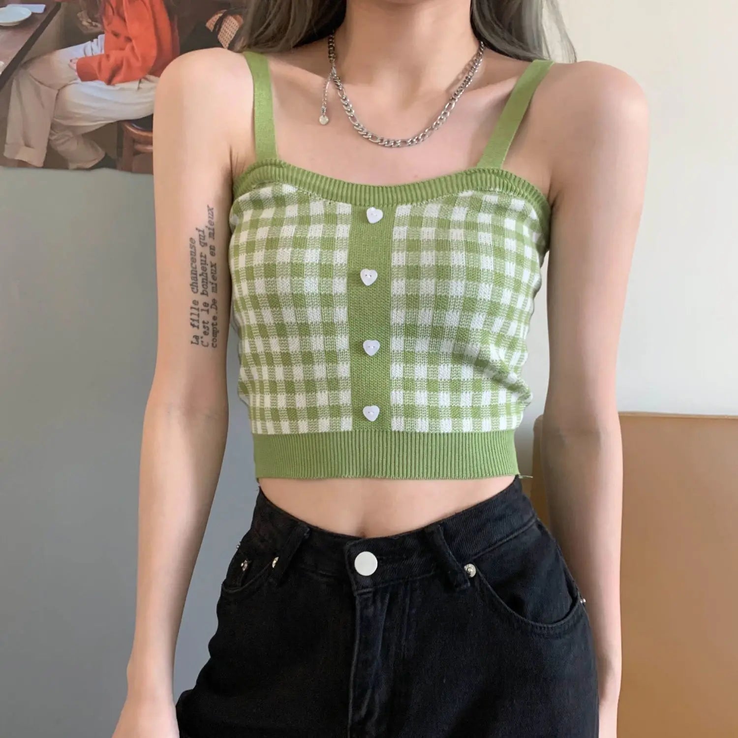 Plaid Button Tank Tops Spaghetti Strap Women Summer Fashion 2023 Y2K Cute Korean Knitted Tight Sleeveless Vest Crop Top Female