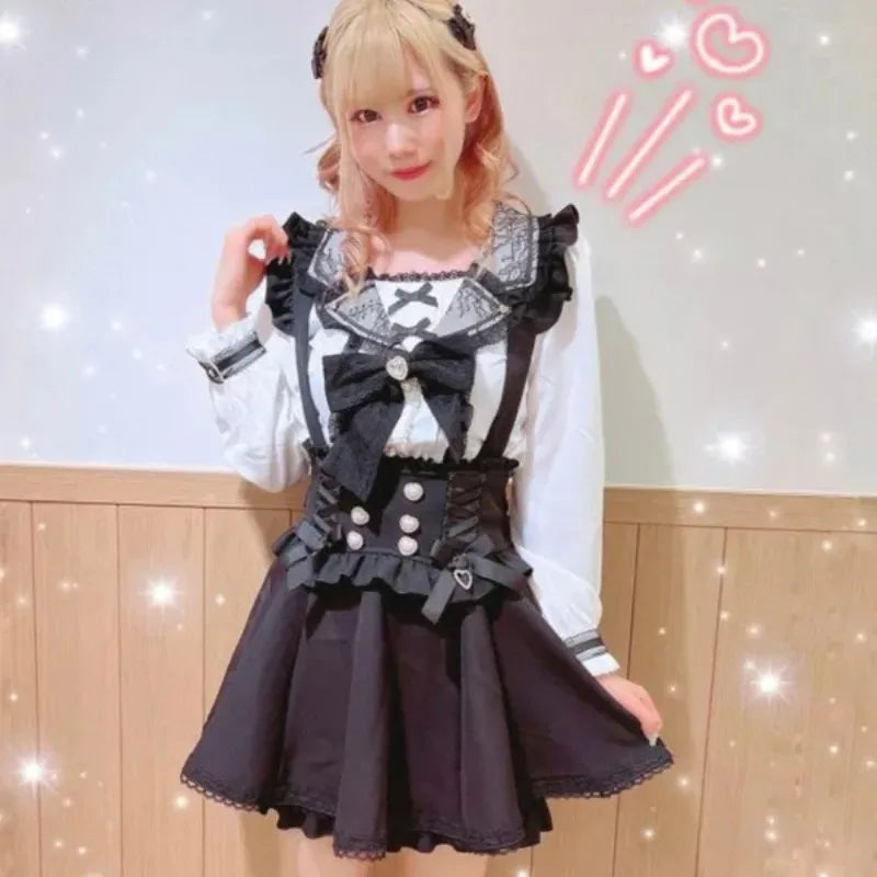 Japanese Gothic Lolita Ribbon Short Suspender plaid Skirt Girls Sweet Cute Lace A-Line Mini Skirts summer2024 black solid kawaii