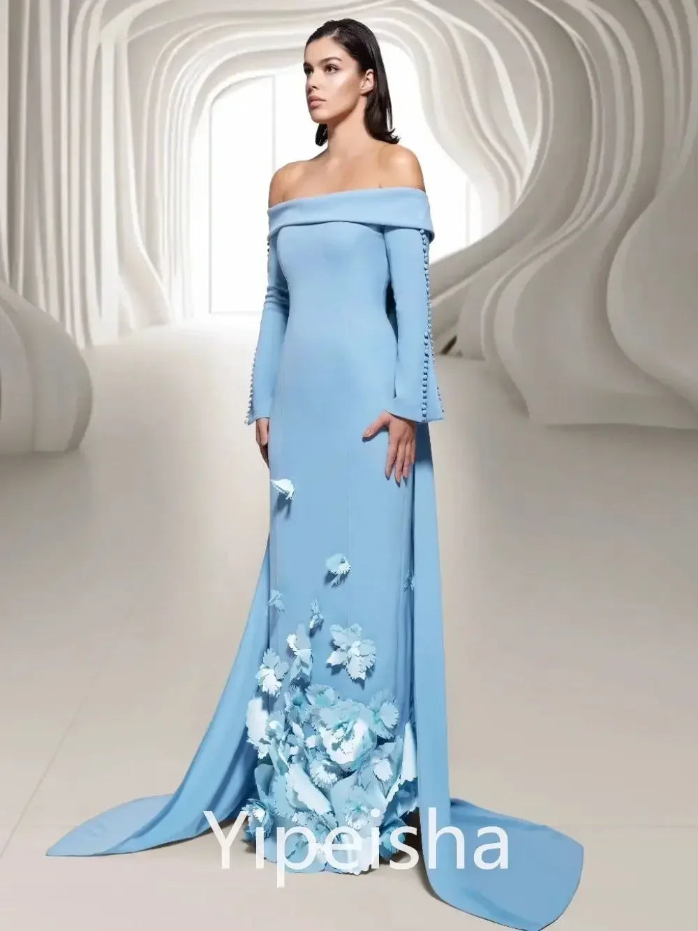 Customized Jiayigong Jersey Button Flower Clubbing A-line Off-the-shoulder Bespoke Occasion Gown Long Dresses Saudi Arabia