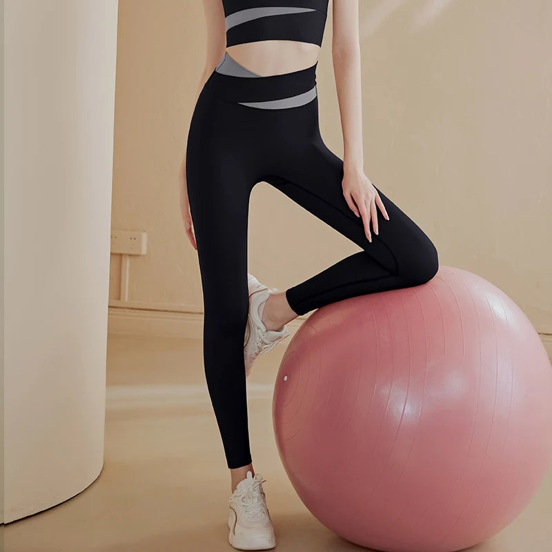 Panelled high-waisted women's peach hips and abdomen tight, cross-running, sports, fitness, yoga trousers