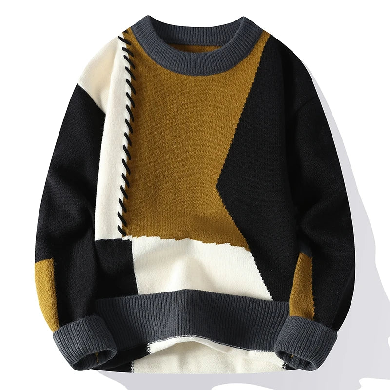 Autumn Winter Warm Mens Knitted Sweaters Fashion Patchwork O Neck Knit Pullovers Korean Streetwear Pullover Casual Mens Clothing