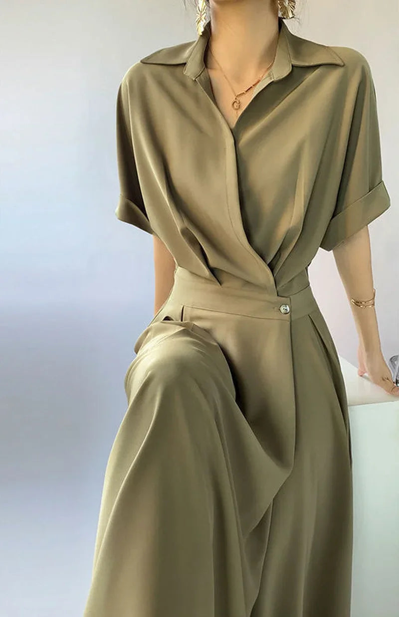 Black Silk Shirt Dresses for Women 2024 Tshirts Satin Chiffon Midi Clothes Green Woman Dress Formal Occasion Korean Style Luxury