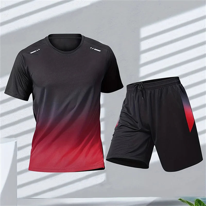 New Summer Sportswear Men Gradient Printed Badminton Set Outdoor Running T-shirt and Shorts Comfortable and Breathable Clothing