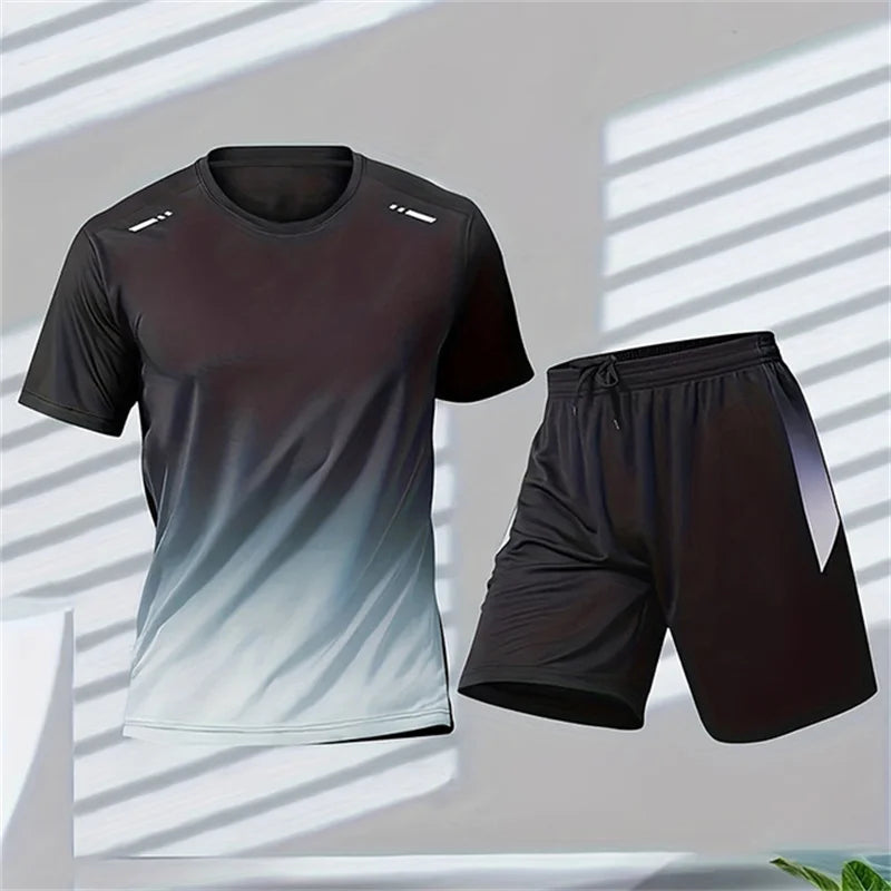 New Summer Sportswear Men Gradient Printed Badminton Set Outdoor Running T-shirt and Shorts Comfortable and Breathable Clothing