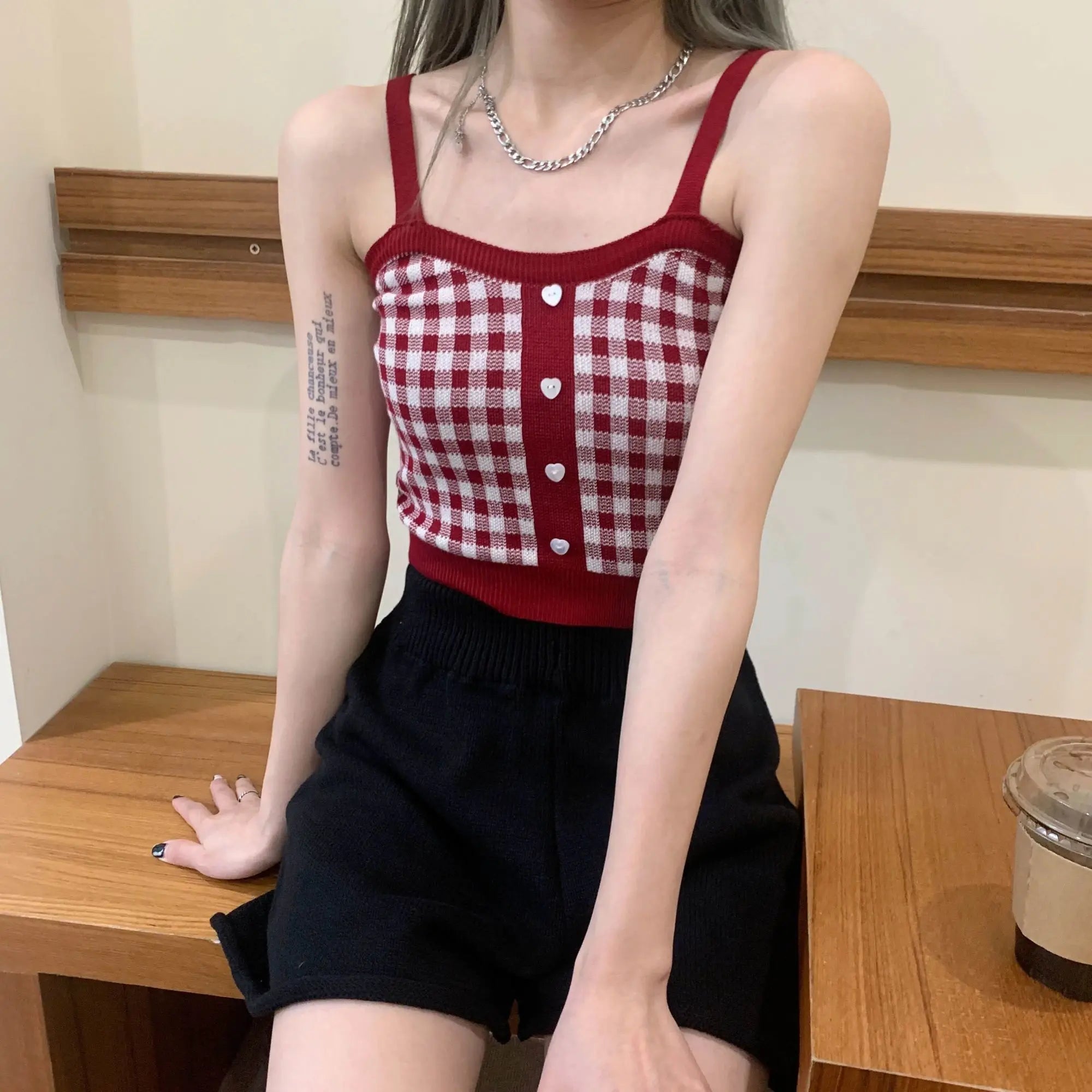 Plaid Button Tank Tops Spaghetti Strap Women Summer Fashion 2023 Y2K Cute Korean Knitted Tight Sleeveless Vest Crop Top Female