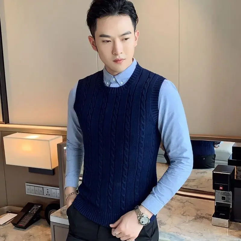 Knit Sweater Male Solid Color Sleeveless Plain Men's Clothing Blue Vest Waistcoat Jumpers Plus Size Best Selling Products 2024 A