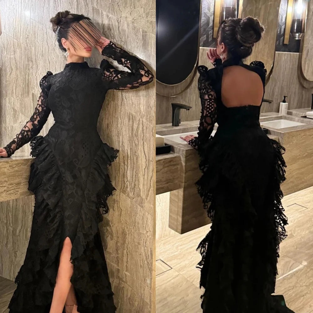 Customized Lace Pleat Clubbing A-line High Collar Bespoke Occasion Gown Long Dresses