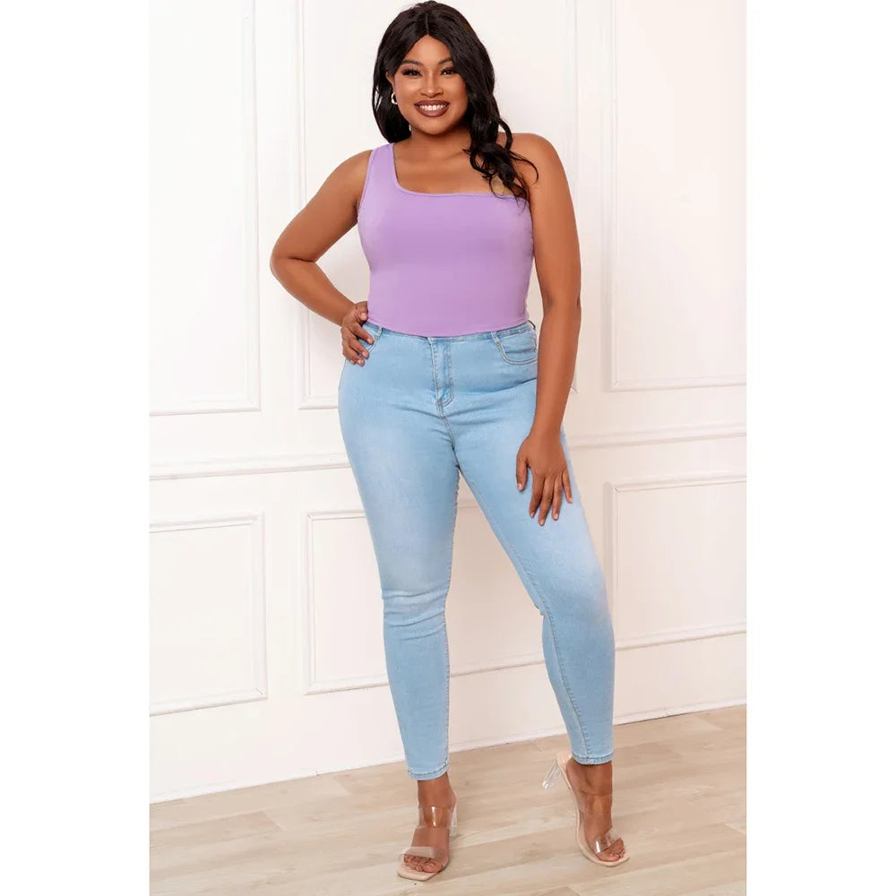 Plus Size Purple Casual One Shoulder Sleeveless Tank Top