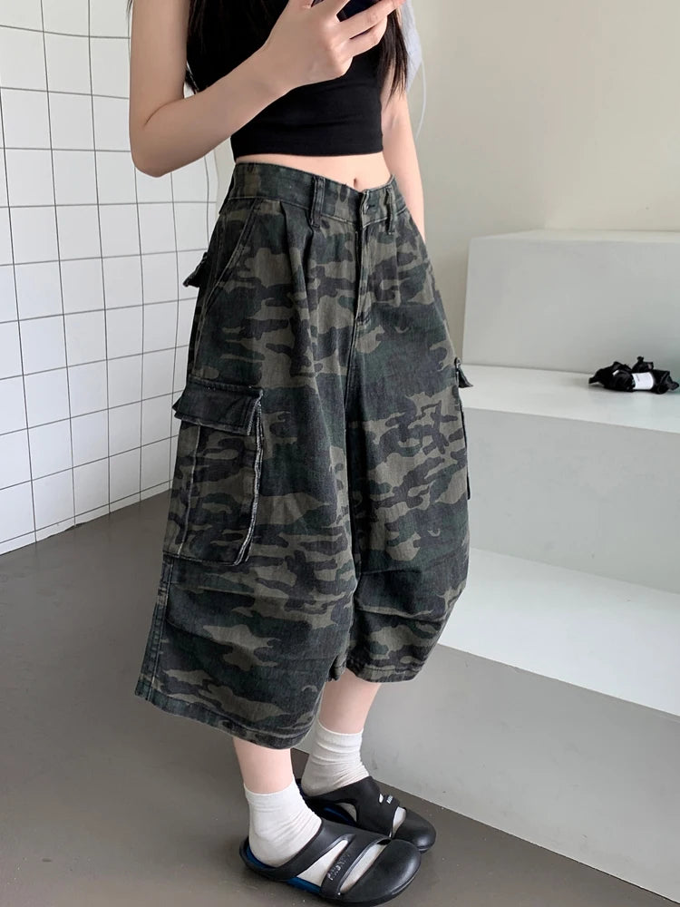 Fashion Women Camouflage Mid Shorts High Waist Camo Multipocket Baggy Jeans Shorts Femme Party Cool Loose Wide Leg Cargo Shorts