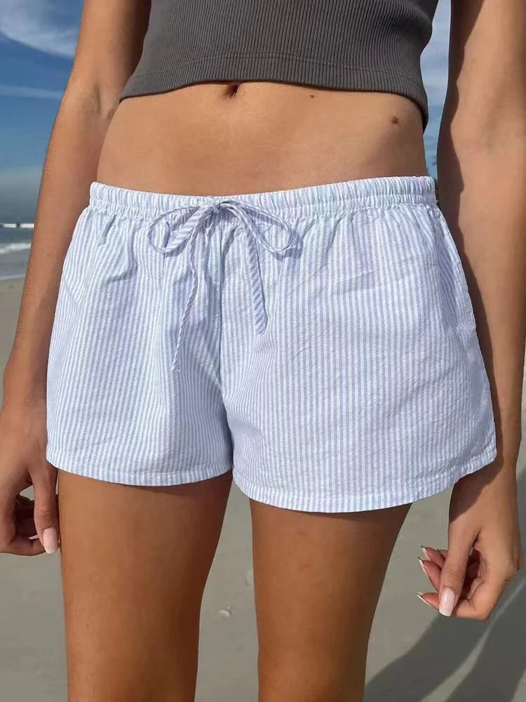 Lace Patchwork Stripes Shorts Women Cotton Buttons Elastic High Waist Casual Straight Short Pants Sweet Bow Summer Sweatshorts