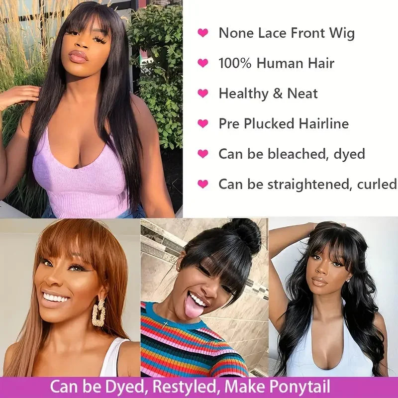 Silky Straight Human Hair Wigs With Bang Full Machine Made Wigs 8-30inch Natural Color AHJF Peruvian Remy Human Hair Wigs 180%