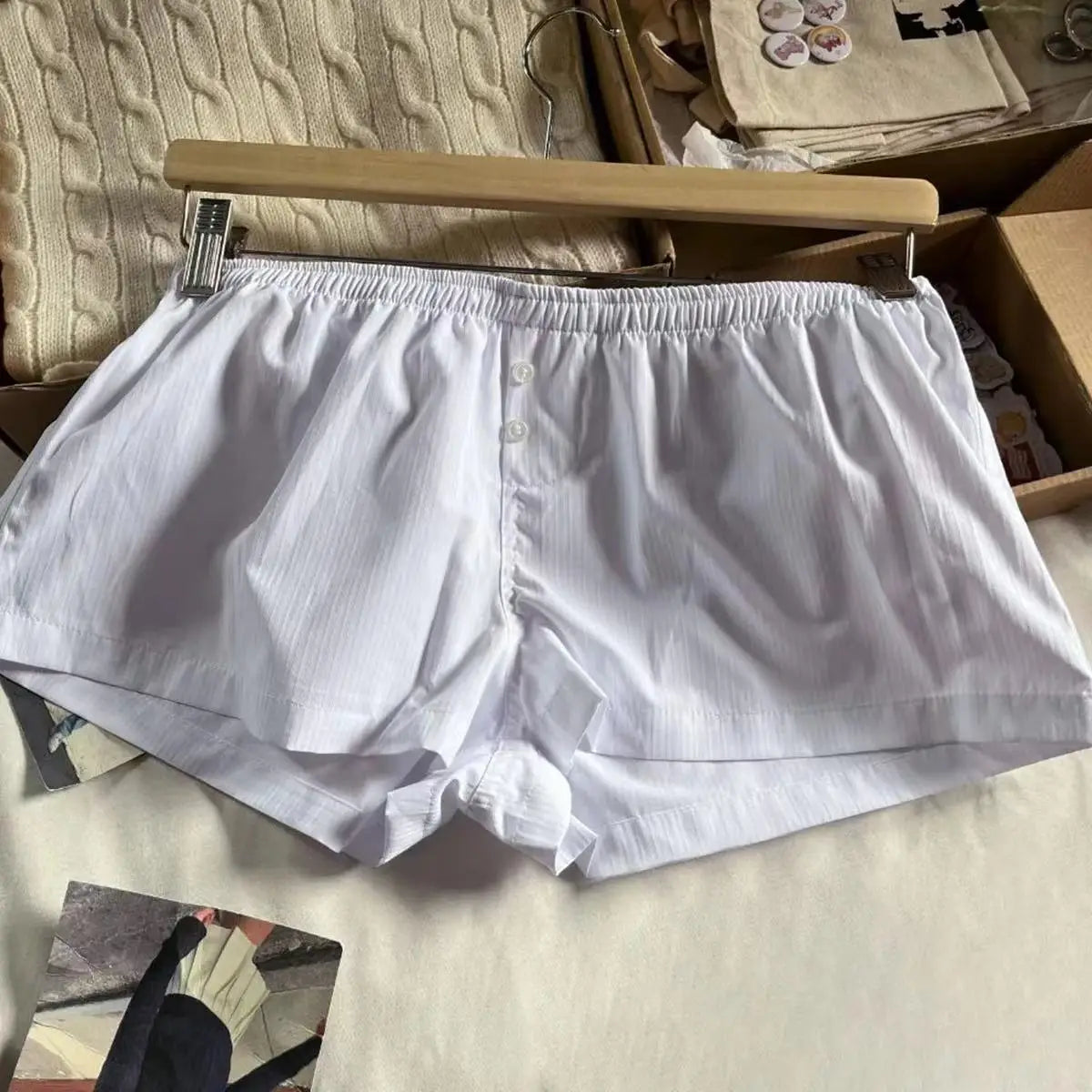 Lace Patchwork Stripes Shorts Women Cotton Buttons Elastic High Waist Casual Straight Short Pants Sweet Bow Summer Sweatshorts