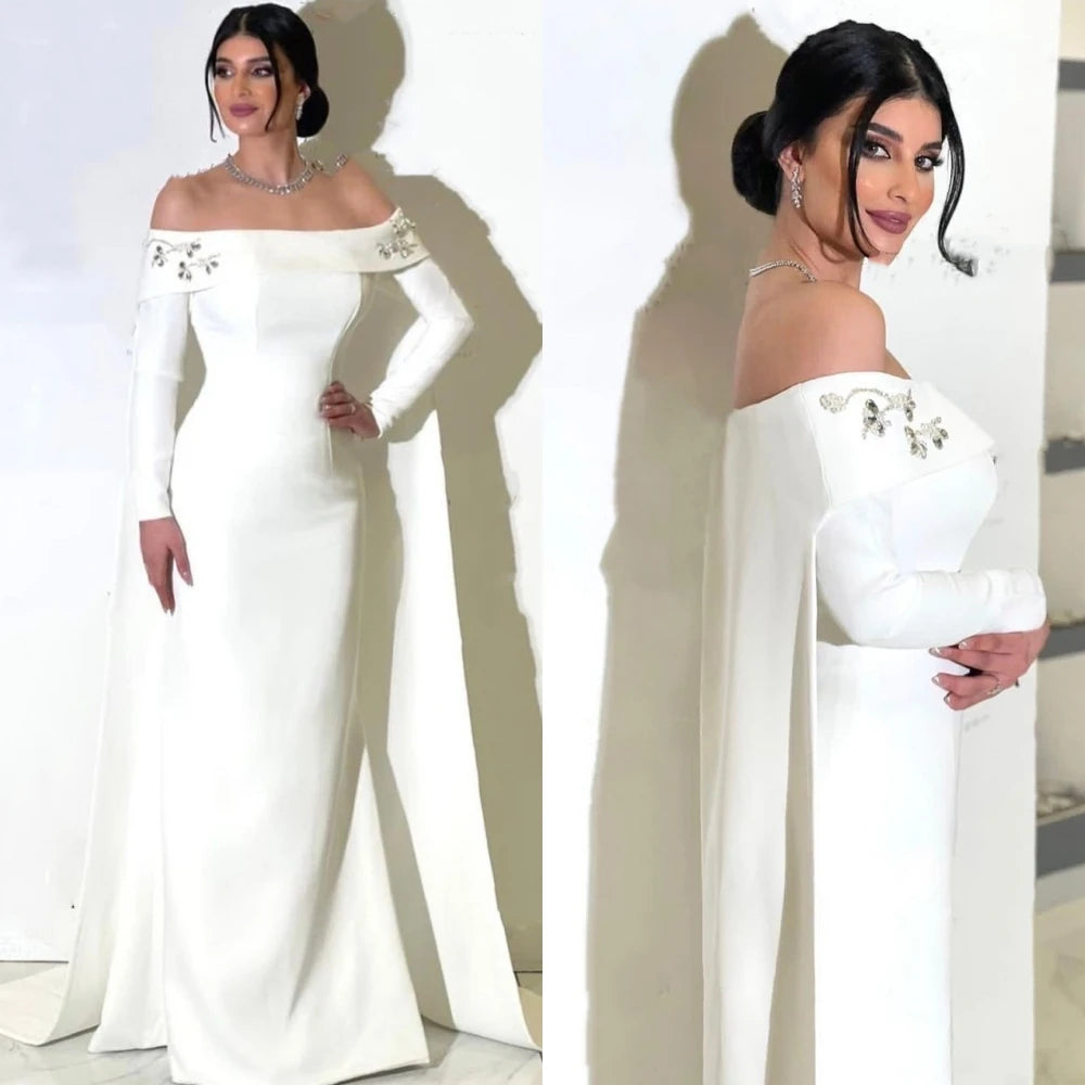 Customized  Evening Satin Beading Engagement A-line Off-the-shoulder Bespoke Occasion Gown Long Dresses  Arabia