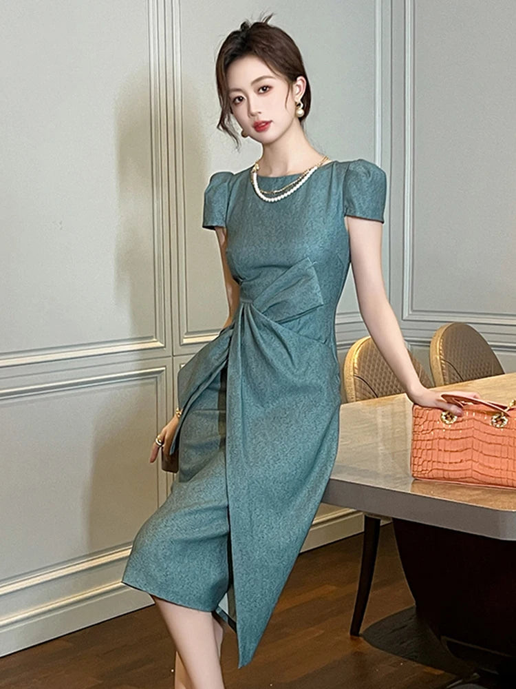 New Summer Fashion Work Style Formal Occasion Pencil Dress Women Clothes Commute Retro Solid Bow Short Sleeve Slim Party Vestido