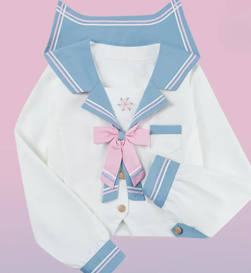 Japanese Style JK Uniform Sailor Collar Cute Sweet Blue and White Color Matching Long Short Sleeves Top Pleated Skirt Suit Girls