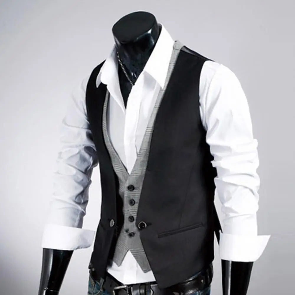 Men Formal Waistcoat Vest Business Solid Color Single Button Vest gilet Fake Two-pieces V Neck Casual S-lim chalecos para hombre