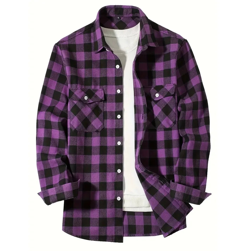 Men's Shirts Button-Up Classic Plaid Smart Casual Flannel Shirt Long Sleeved Chest Two Pockets Design Spring Autumn Men Tops