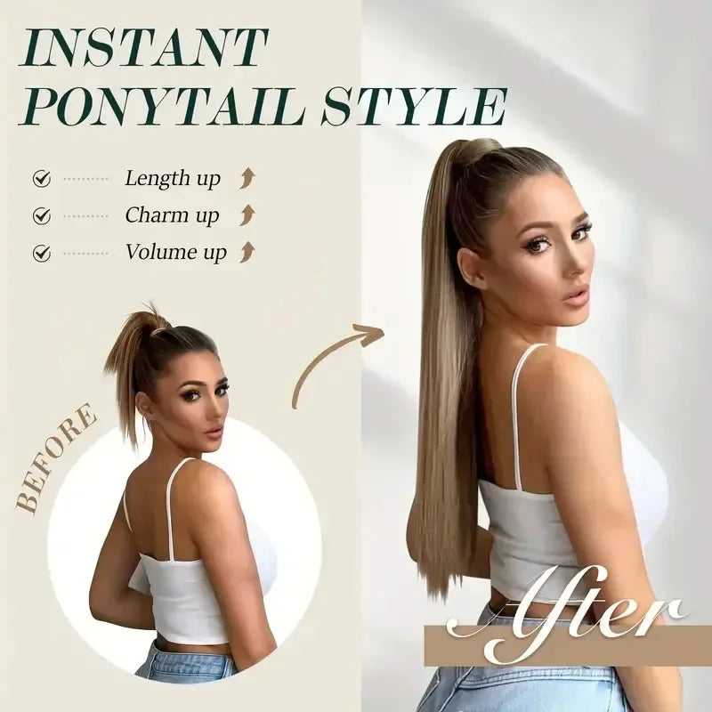 Long Straight Clip in Ponytail Extensions for Women Natural Synthetic Wrap Around Ponytail False Hair Black Straight Horse Tail