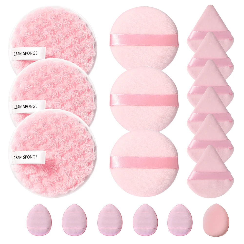 18Pcs Powder Puff Set, Puffs with 9pcs Powder Puff 3pcs Facial Sponge and 6pcs Mini Finger Puff for Face Beauty Makeup Tools