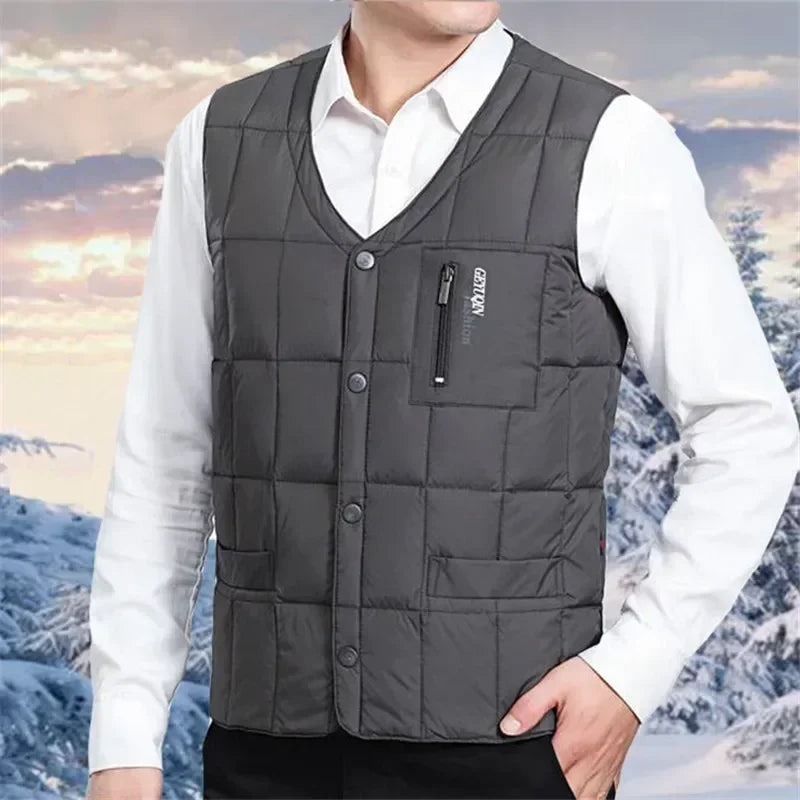 Lightweight Duck Down Warm Vest for Men Winter V-neck Sleeveless Warm Jacket Male Button Down Vest Coat Fashion Casual Waistcoat