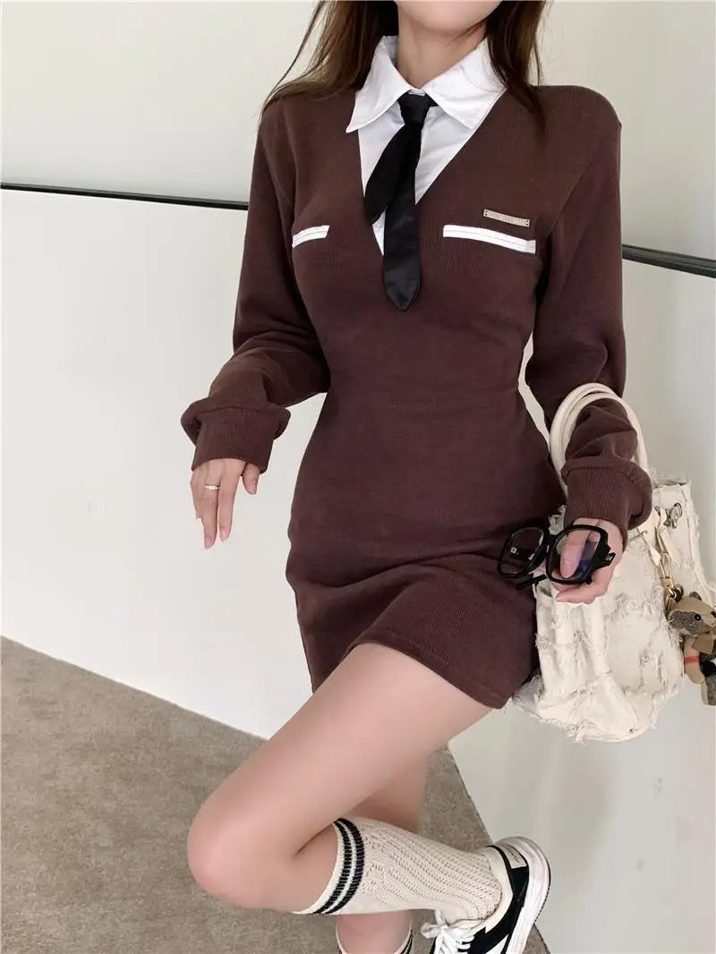 Elegant Patchwork Knitted Mini Dress Women Winter Sexy Chic Long Sleeve Dress Vintage Casual Office Lady Occasion Formal Dress