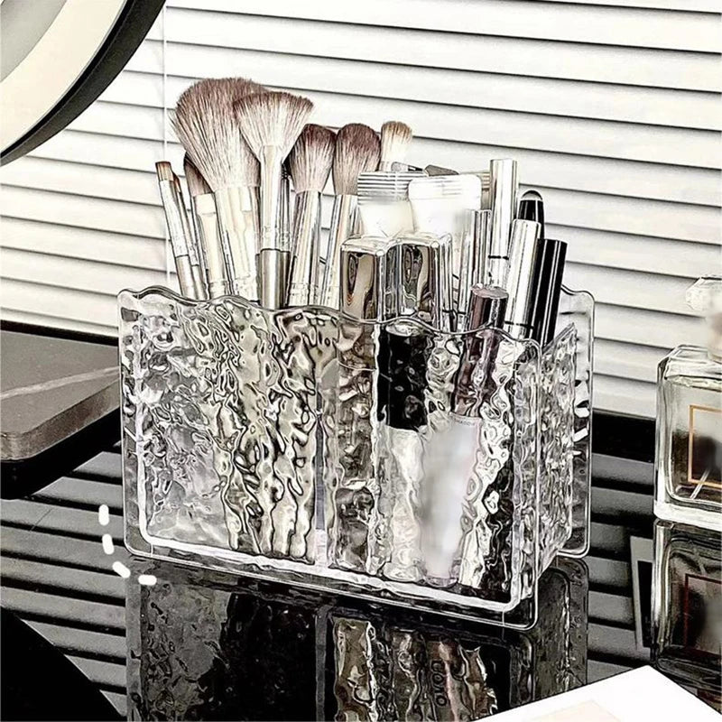 Light Luxury Water Ripple Makeup Brush Double Compartment Storage Box Makeup Desktop Cosmetics Organizer Box Pen Container