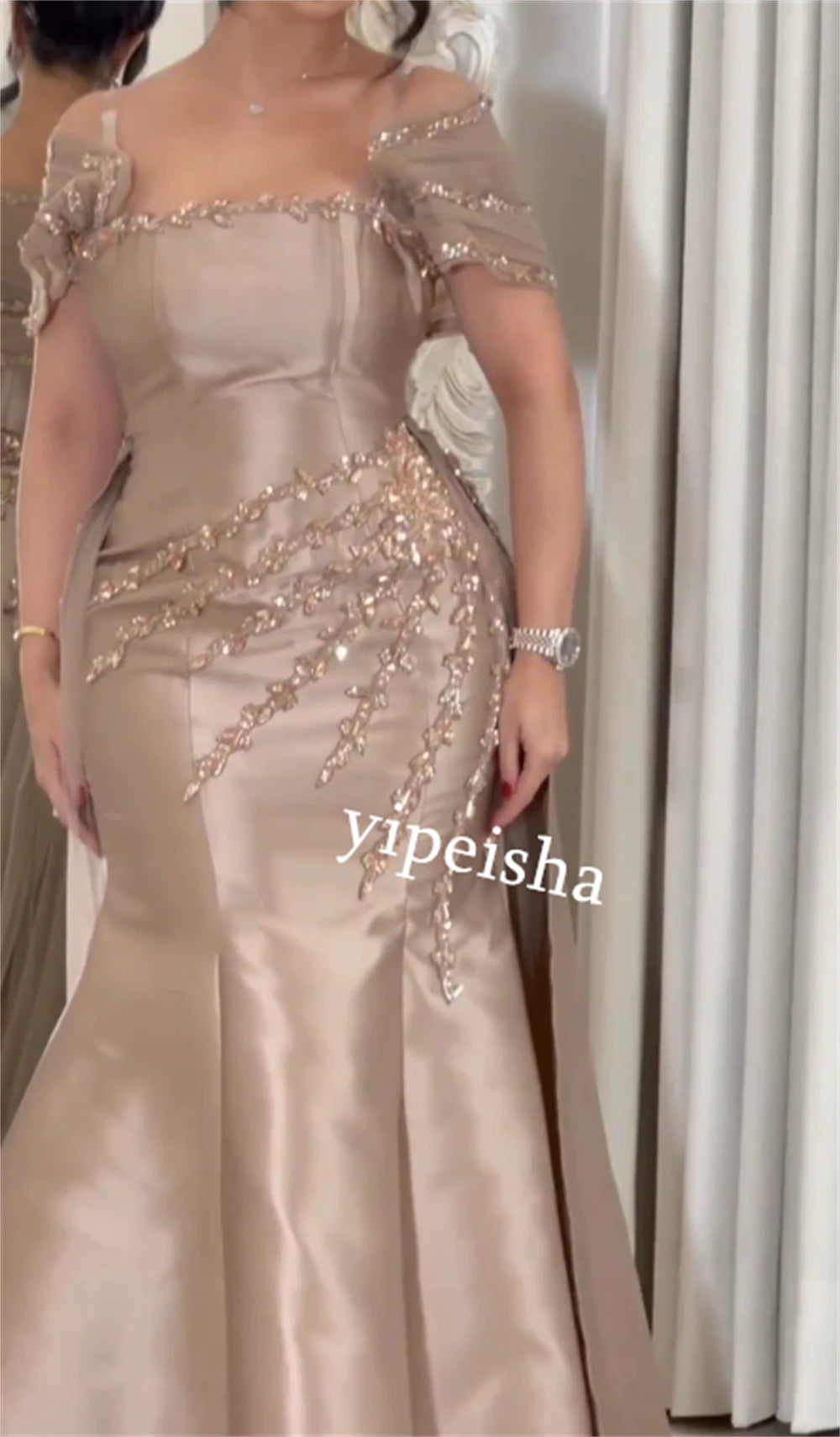 Jiayigong  Satin Sequined Valentine's Day Trumpet Off-the-shoulder Bespoke Occasion Gown Long Dresses Saudi Arabia