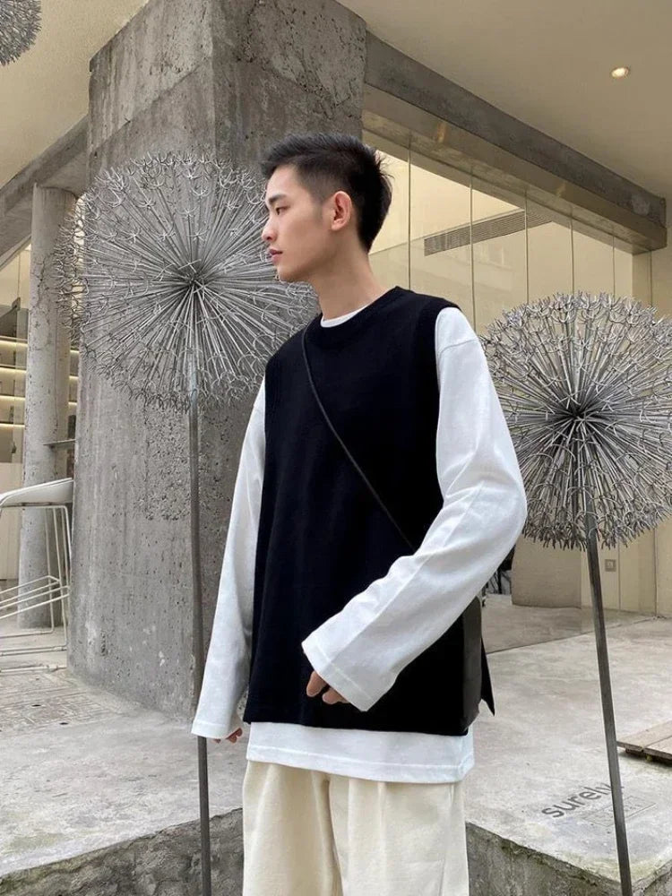 Knit Sweater Male Solid Color Plain Slit Men's Clothing Black Vest Waistcoat Sleeveless Korean Autumn Clothes Winter 2024 A Neck