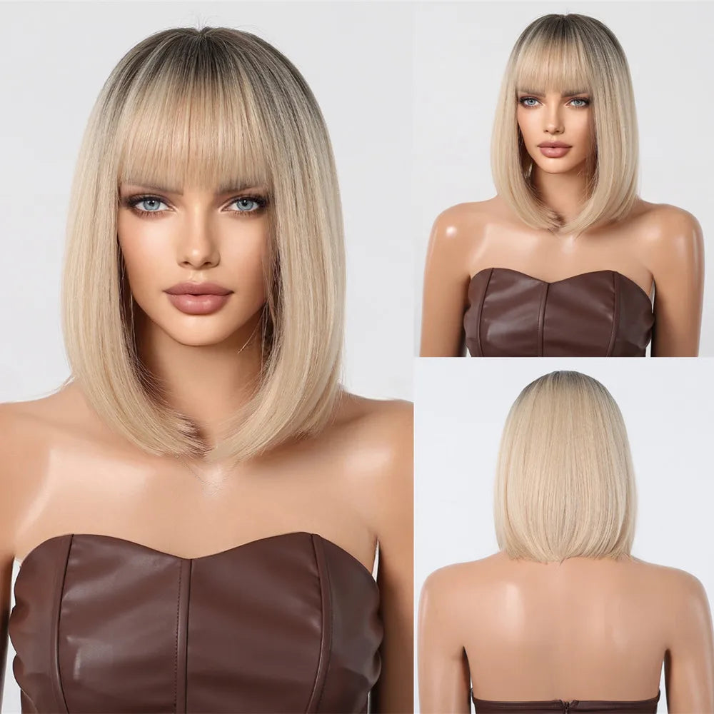 EASIHAIR Fashion Brown Blonde Highlight Synthetic Wigs Straight Hair with Bangs for Women Cosplay Daily Heat Resistant  Bob wig