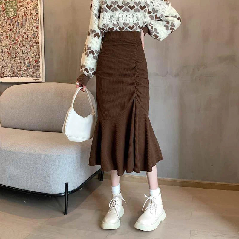 Lucyever Fashion High Waist Midi Skirts for Women 2023 Spring Slim Fit  Hip Mermaid Skirt Woman Korean Ruffles Brown Skirts 2XL