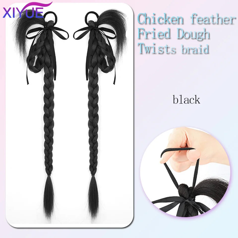 XIYUE  Synthetic Braided Twist Braids ponytail Hair Extension Black Natural Wig Long Ponytail Hair Band Rubber Band Women's Wig