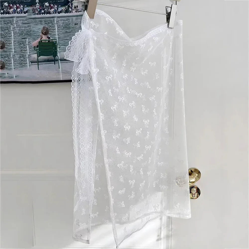 Lace Layered Gauze Skirt with Tie Up Women Vintage Bowknot Print See-Through Lace Strap One Piece Bandage Tulle Dress Curtain