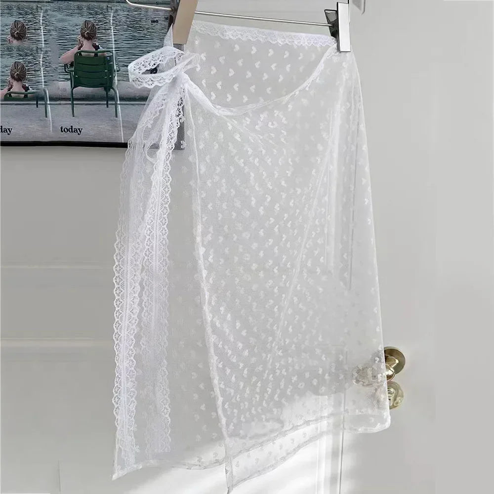 Lace Layered Gauze Skirt with Tie Up Women Vintage Bowknot Print See-Through Lace Strap One Piece Bandage Tulle Dress Curtain