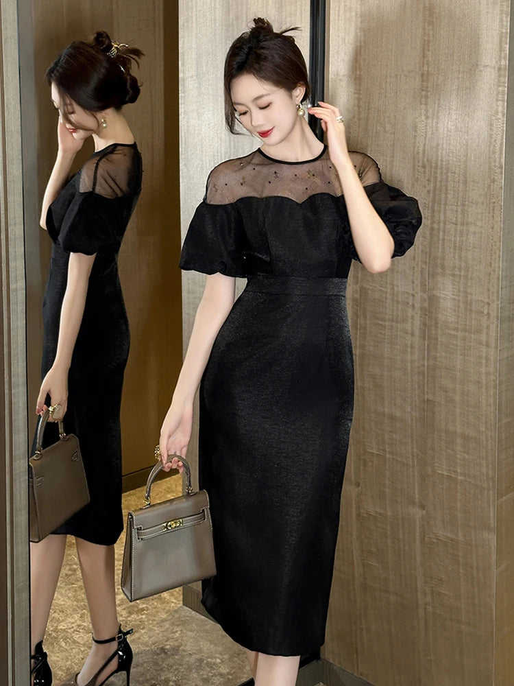 Work Style Formal Occasion Dress Women Clothes Commute Elegant Office Retro Sheer Sexy O-Neck Puff Sleeve Midi Pencil Vestidos