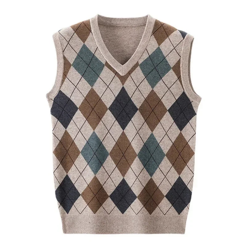 5 Colors!2023 Men's Autumn and Winter V-neck with Wool Vest Sleeveless Knit Sweater Checker Printing Vest Sweaters