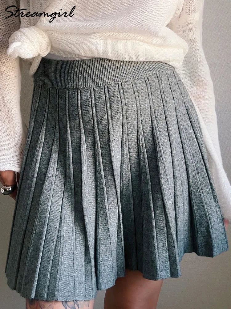 Knit Pleated Mini Skirt White For Women Autumn A Line Short Skirt Woman Elastic Waist Women Knitted Black Mini Pleated Skirt